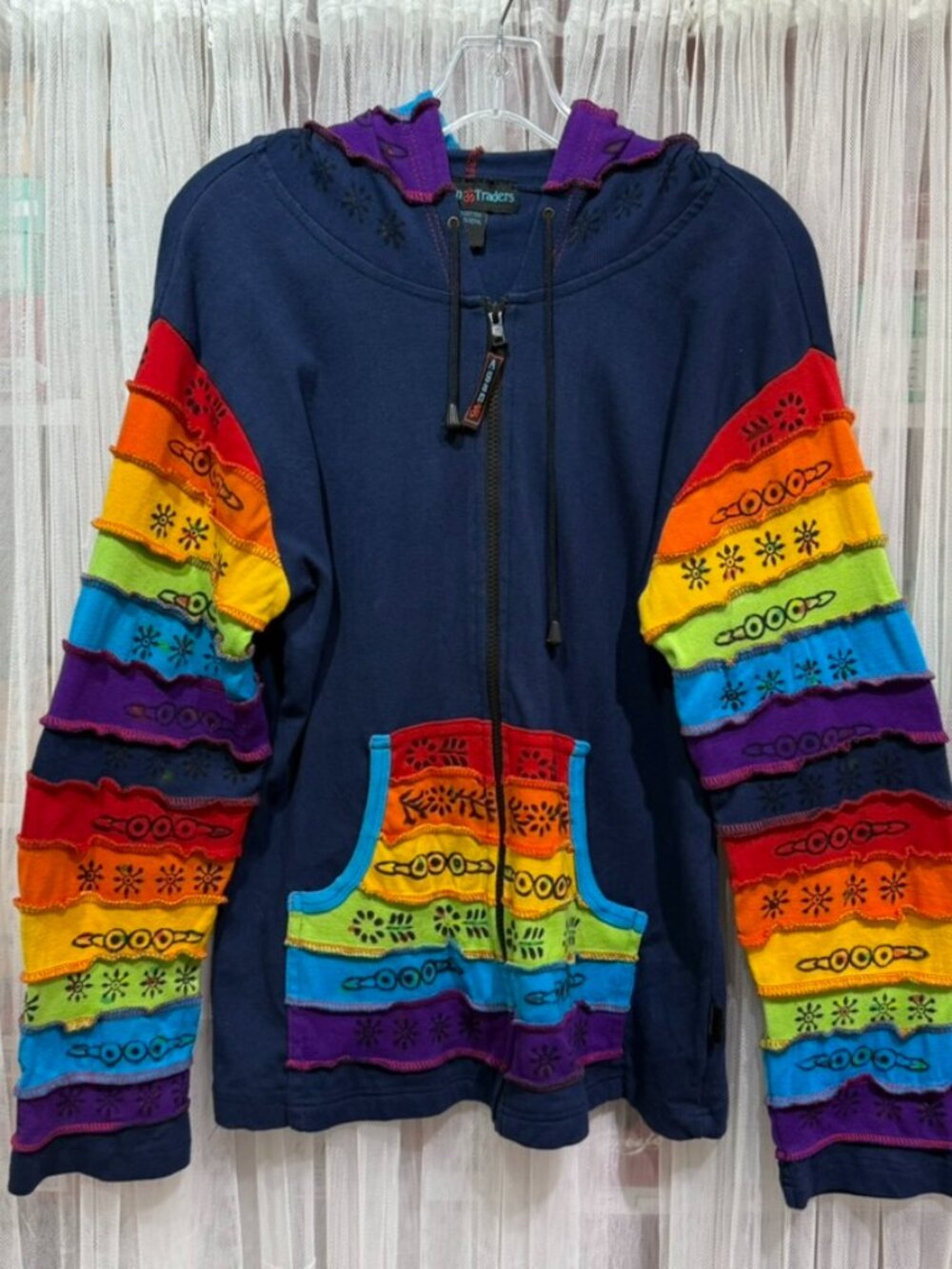 Agan Traders Women’s Rainbow Boho Zip Hoodie Jacket Size Large Hippie Boho